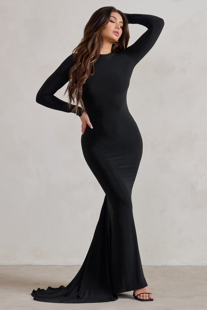 Full Length Black Evening Dress With A Sheer Embellished Bodice - 2021E2878